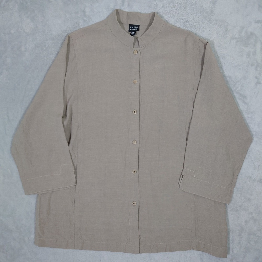 Eileen Fisher Button Up Linen Shirt Women's M 3/4 Sleeve Pockets Boho Boxy Tan